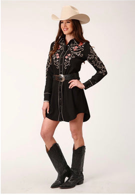 Black Roper Shirt Dress w/ Coral Flower emb