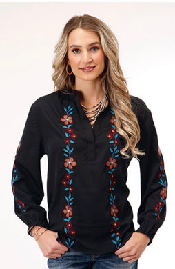 Black V neck Peasant top w/ embroidery