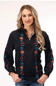Black V neck Peasant top w/ embroidery