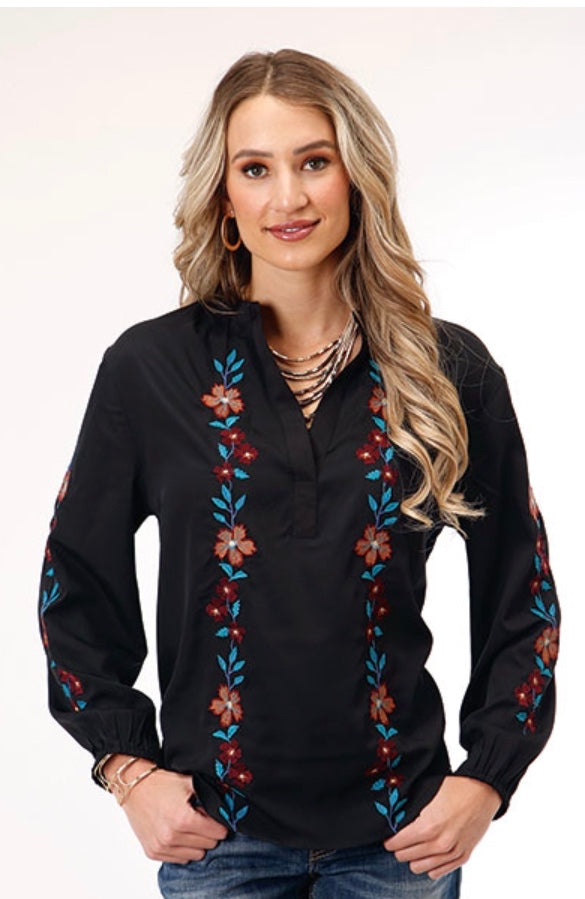 Black V neck Peasant top w/ embroidery