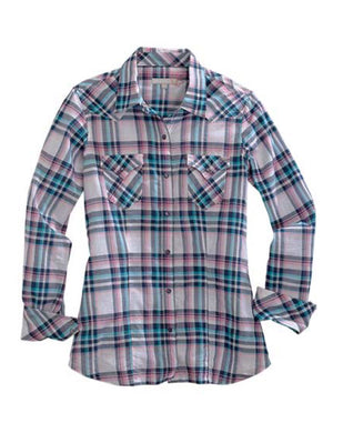 Women's Tin Haul indigo and pink plaid western shirt