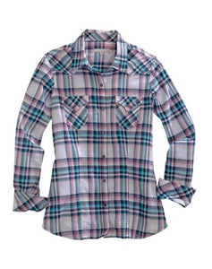 Women's Tin Haul indigo and pink plaid western shirt