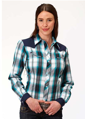Women's  Roper Western Shirt Tq/Wht/Nvy Plaid