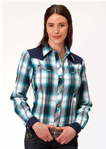 Women's  Roper Western Shirt Tq/Wht/Nvy Plaid