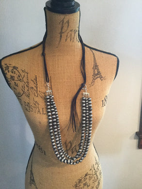 Long 3 strand pewter bead necklace